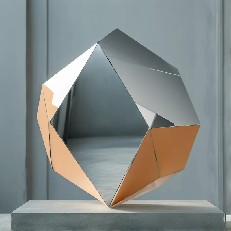 Reflective silver and gold facets form a large polyhedron resting on a stone plinth.