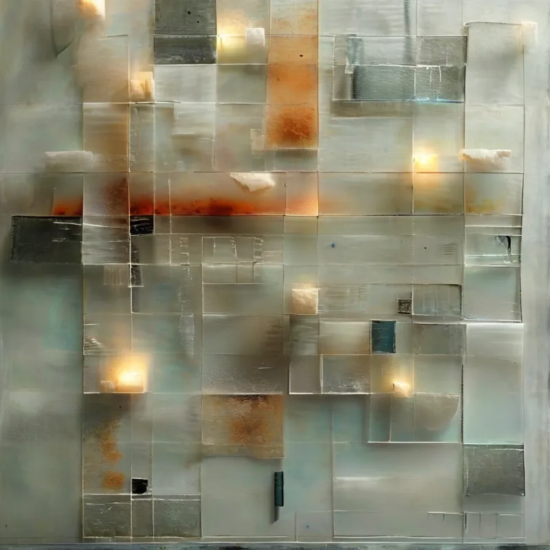 Geometric mosaic artwork with rectangular panels in muted tones and scattered warm glows for a hazy atmospheric effect.
