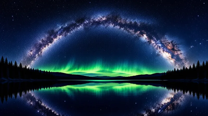 A luminous band of stars bends across the night while green aurora light shimmers on a still lake.