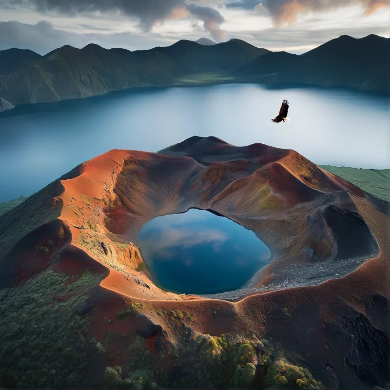 A rust volcanic crater holding a clear blue lake overlooks a vast alpine lake at dawn, with a hawk mid flight over the scene.