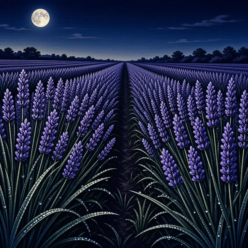 A vast purple lavender field stretches toward the horizon beneath a large bright moon in the dark blue night sky.