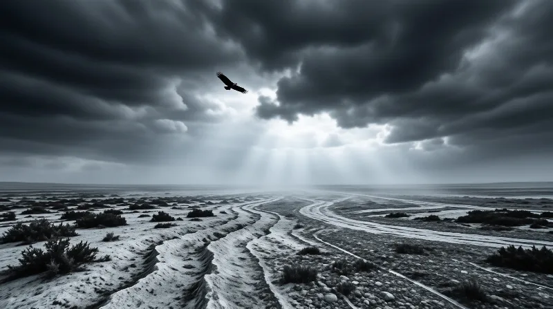 A raptor glides through dark clouds over a barren plain marked by curved riverbeds and radiant sunbeams.