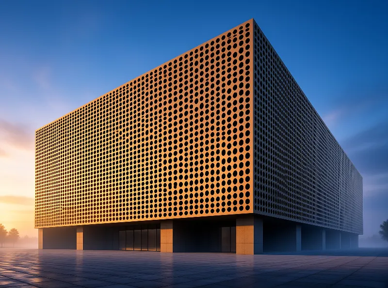Massive rectangular building with circular cutouts illuminated by warm sunset light against a deep blue sky.