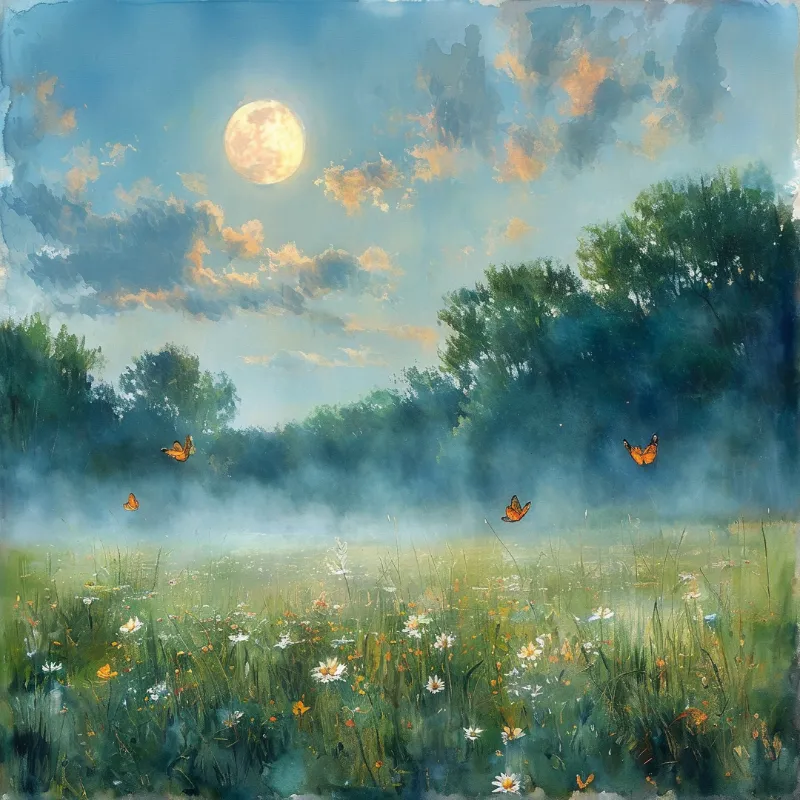 Orange butterflies float above a misty wildflower meadow under a glowing full moon in the soft blue evening sky.