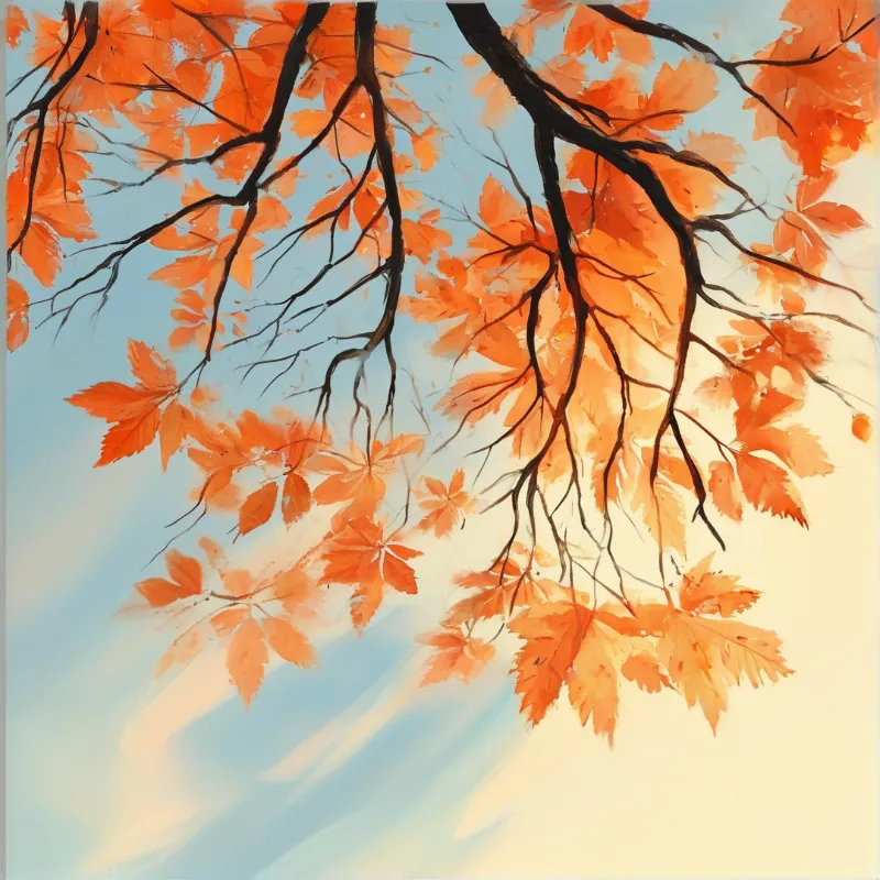 Bright orange autumn leaves cling to dark bare twigs against a soft sky shifting from pale blue to warm yellow.