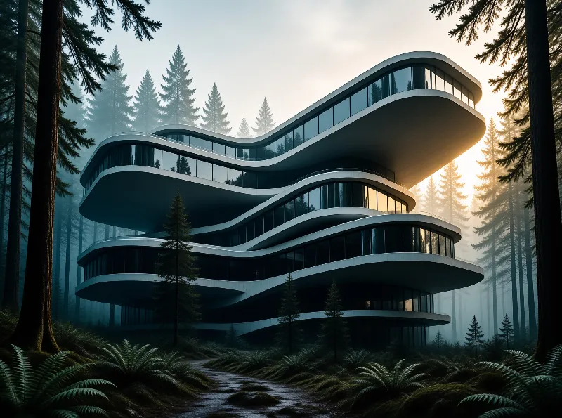 A wavy structure with glass facades rests among tall pines and ferns as sunlight breaks through the misty forest air.