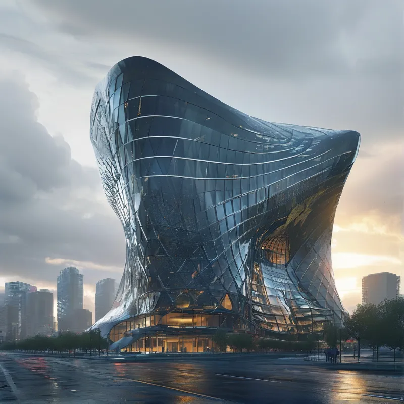 A futuristic skyscraper with a twisted metallic exterior stands against a cloudy sky while sunlight glows on the horizon.