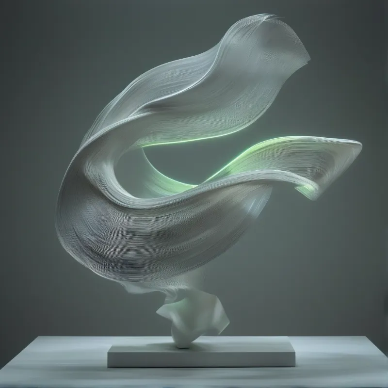 A white flowing sculpture resembling silk sits on a pedestal with green internal lighting against a dark grey background.