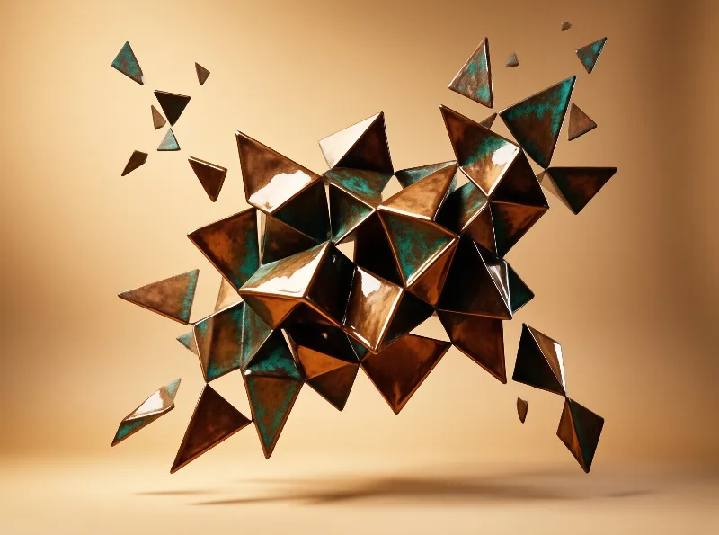 Abstract bronze triangular structures float in a warm gradient space with sharp metallic highlights.