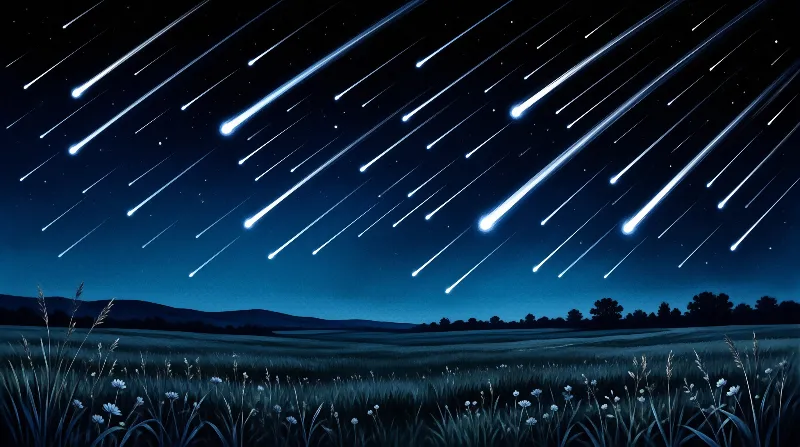 A night sky is filled with many bright meteors falling diagonally over a green meadow with wildflowers and dark hills.