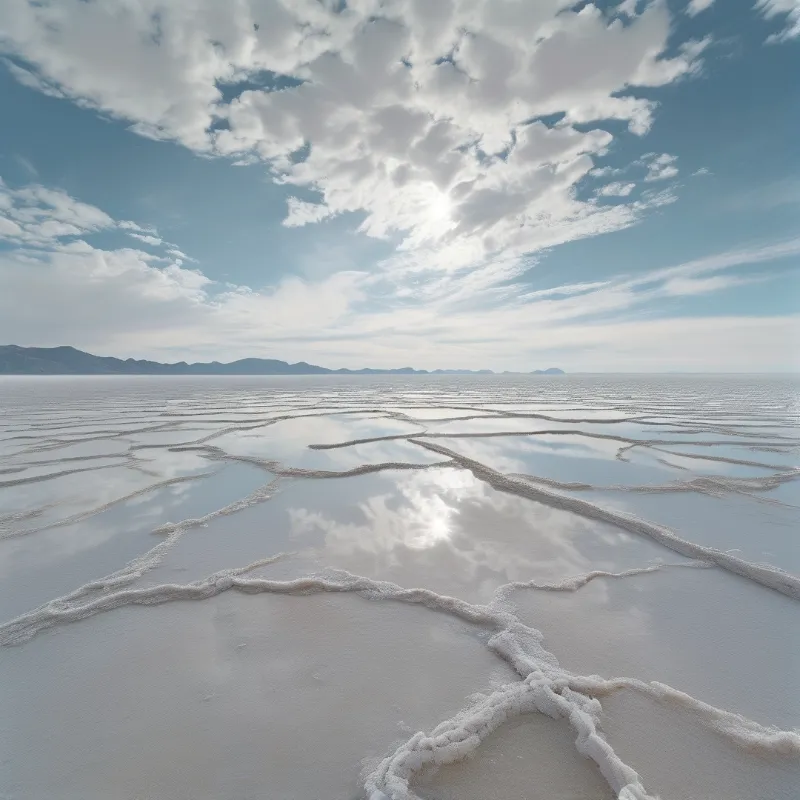 White salt flats show geometric cracks filled with shallow water reflecting the blue sky and clouds above distant mountains.