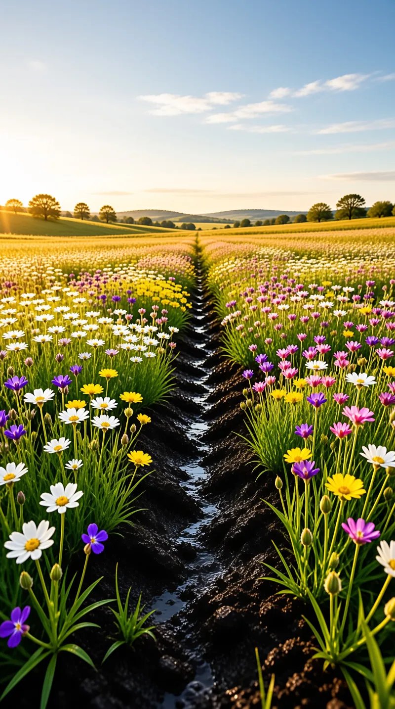 Sunlit Flower Field Stream