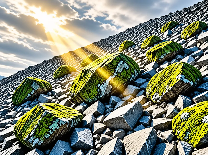 Sunlight breaks through cloud cover to illuminate large lichen covered boulders scattered across a steep slope of jagged dark rocks.