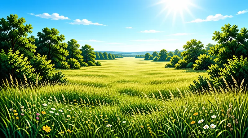 A lush green agricultural field stretches toward the horizon under a blue sky with a bright sun shining down.