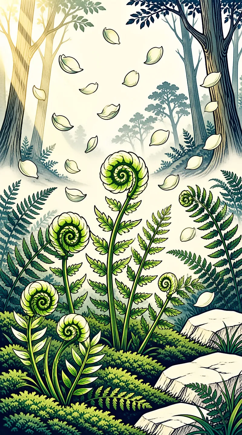 Illustrated forest scene showing unfurling fern fronds and white petals floating near mossy rocks.