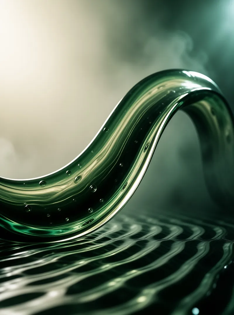 A glossy green glass ribbon arcs across rippled dark water, tiny bubbles suspended in its translucent curves.