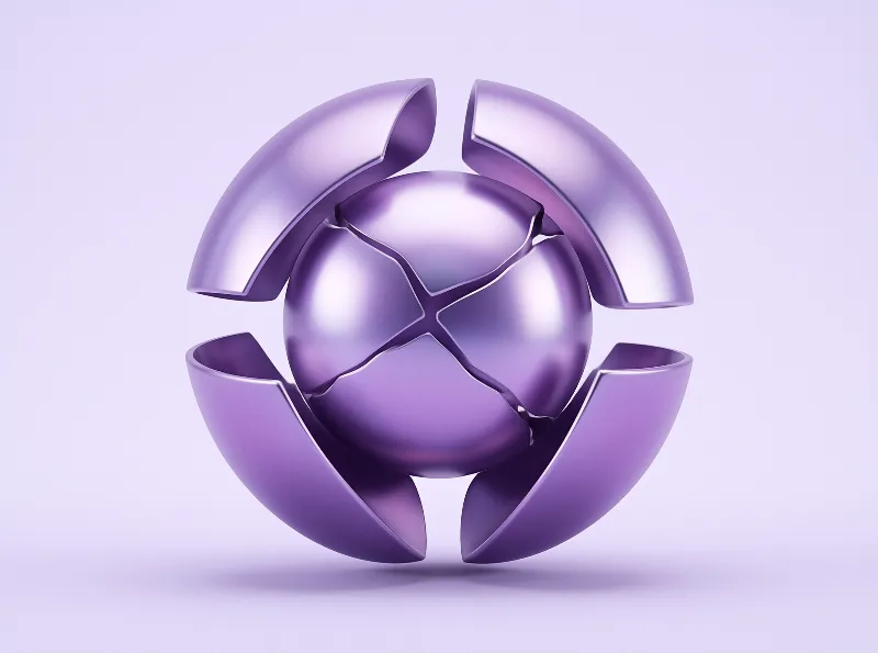 A glossy purple geometric sphere with four curved outer shell pieces floats against a pale lavender studio backdrop under even diffused light.