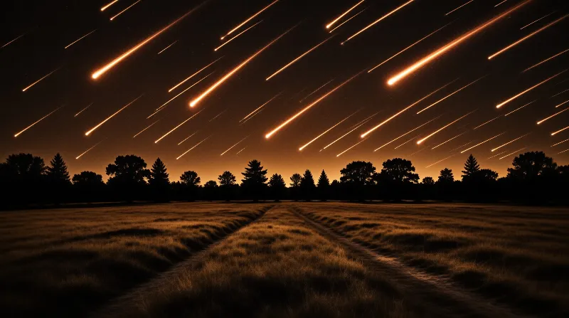 Bright orange meteor trails streak diagonally across a dark sky above a line of silhouetted trees and a grassy field.