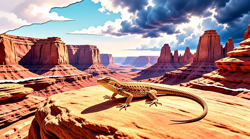 A detailed lizard rests on a sunlit red rock formation overlooking a vast canyon landscape with dramatic clouds.