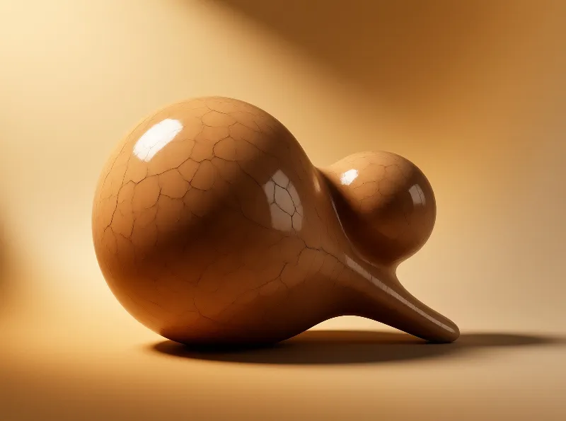 A glossy caramel-colored ceramic sculpture with a fine crackle glaze bulges into rounded lobes on a smooth tan backdrop.