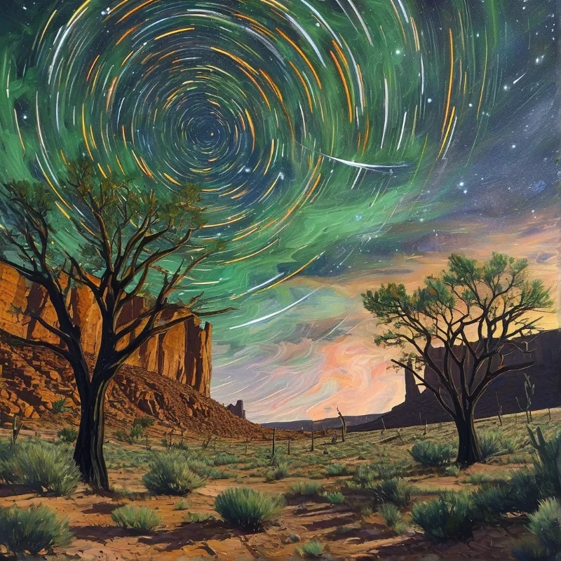 A desert landscape with sparse trees under a swirling starry sky featuring green and orange hues