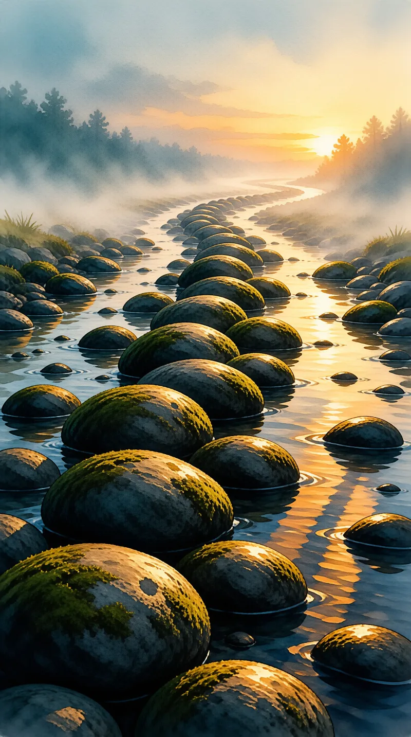 Rounded mossy rocks line a calm river reflecting golden sunlight as low fog drifts through a distant forested landscape.