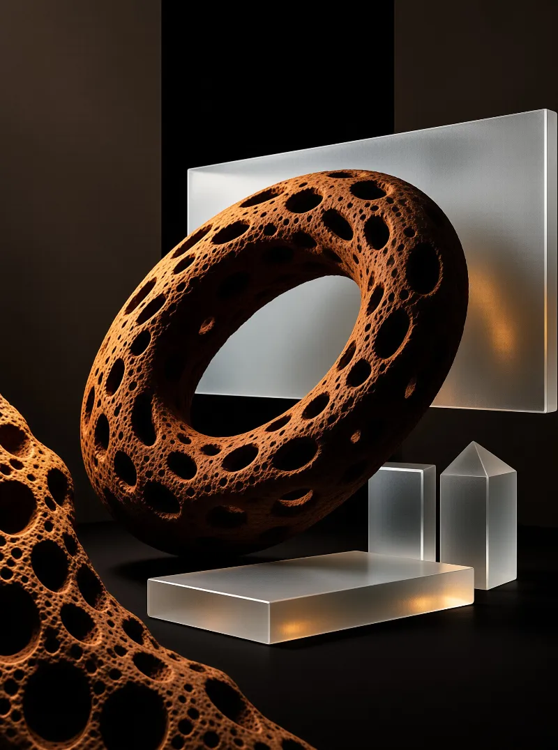 A textured orange loop floats above transparent geometric prisms lit by warm directional light against a dark backdrop.