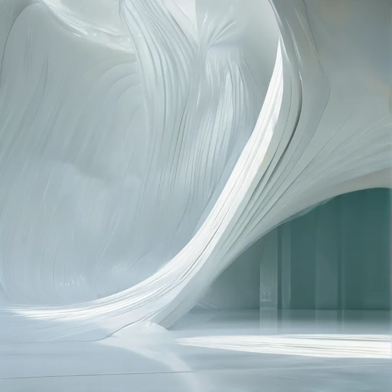 A luminous expanse of pleated pale blue fabric sweeps across a smooth white gallery floor and curves upward into soft folds.