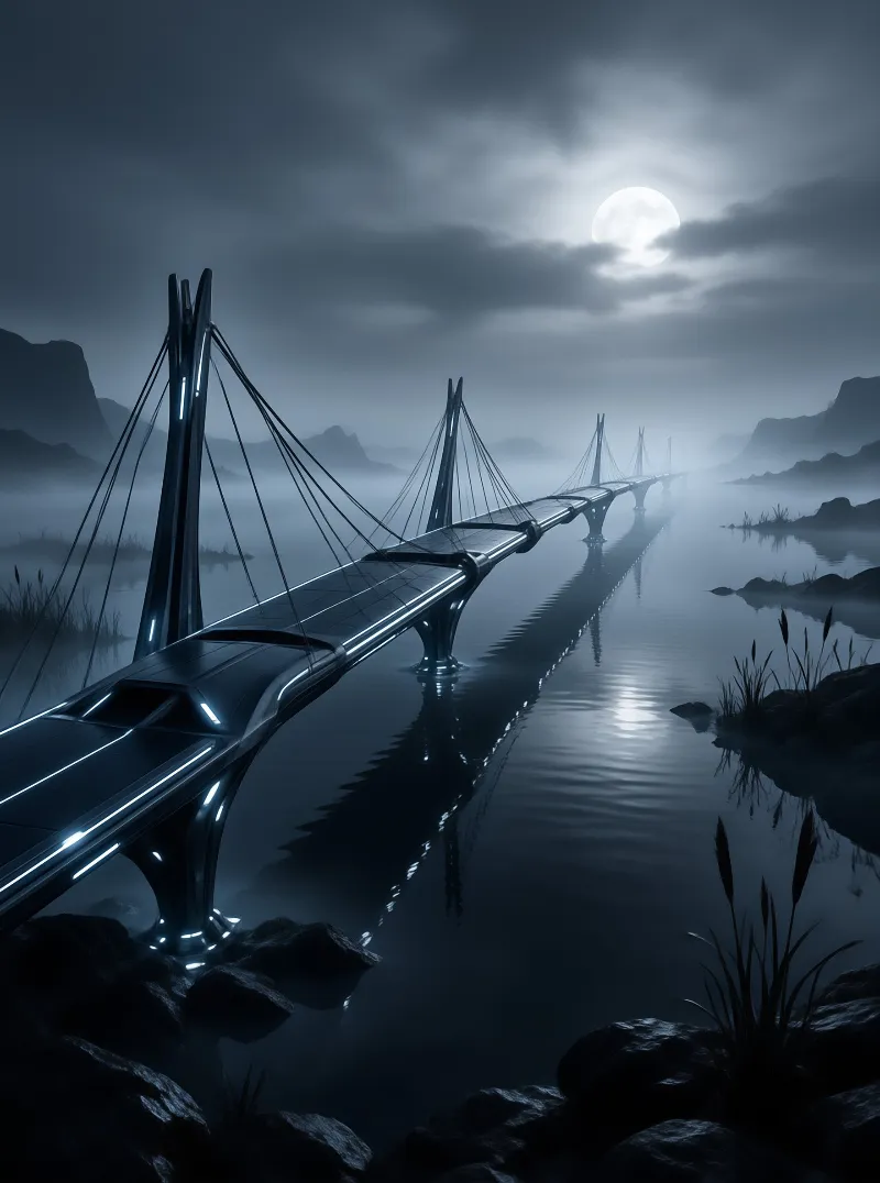 A sleek modern bridge with tall pylons stretches across calm misty water beneath a glowing full moon.