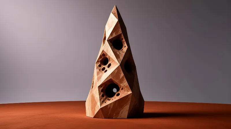 A faceted wooden spire featuring dark circular voids stands on a reddish brown surface against a grey gradient background.