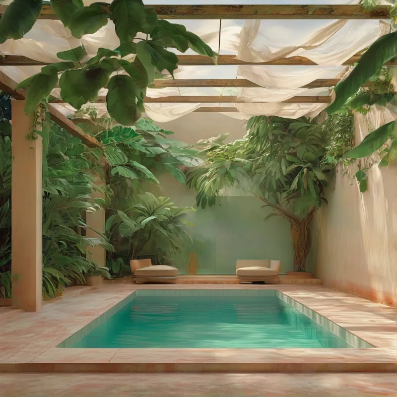 A tranquil outdoor pool surrounded by tropical plants with a wooden pergola draped in white fabric and two lounge chairs on a tiled deck
