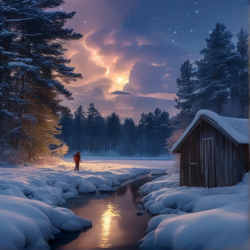 Winter Cabin at Sunset