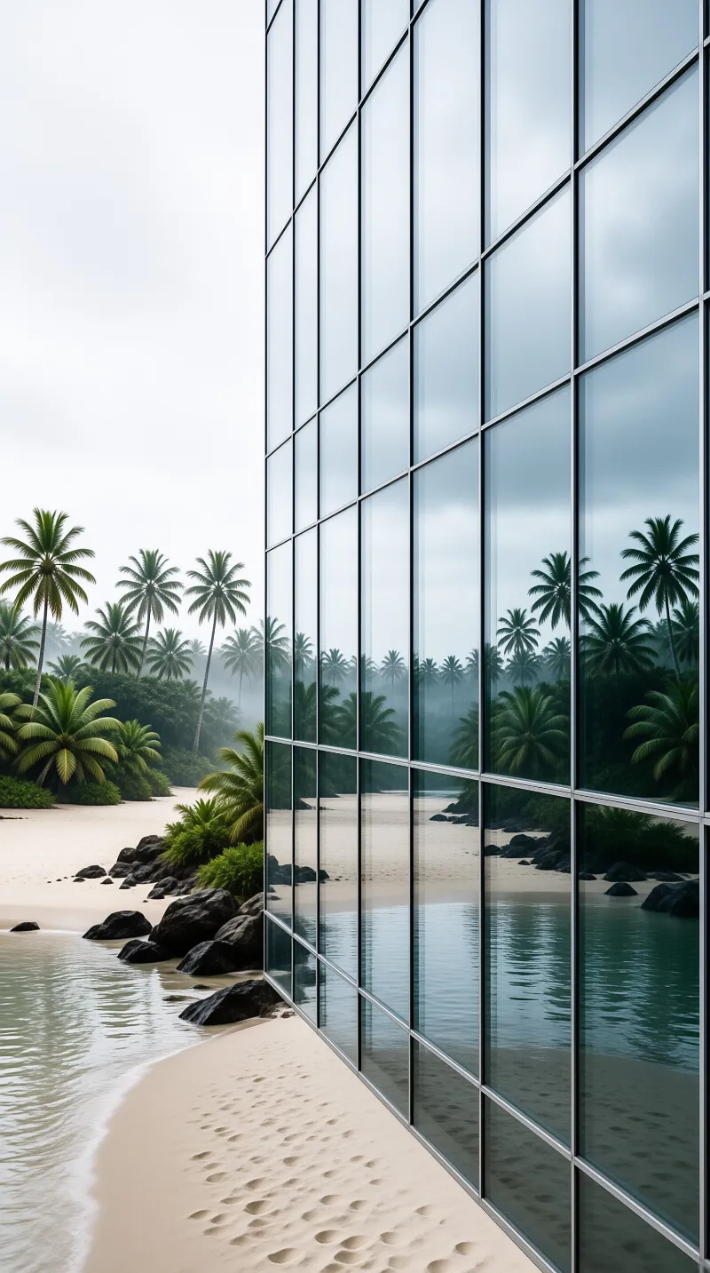 A modern glass tower standing on a tropical beach, its mirrored panels doubling the palm trees and shoreline.