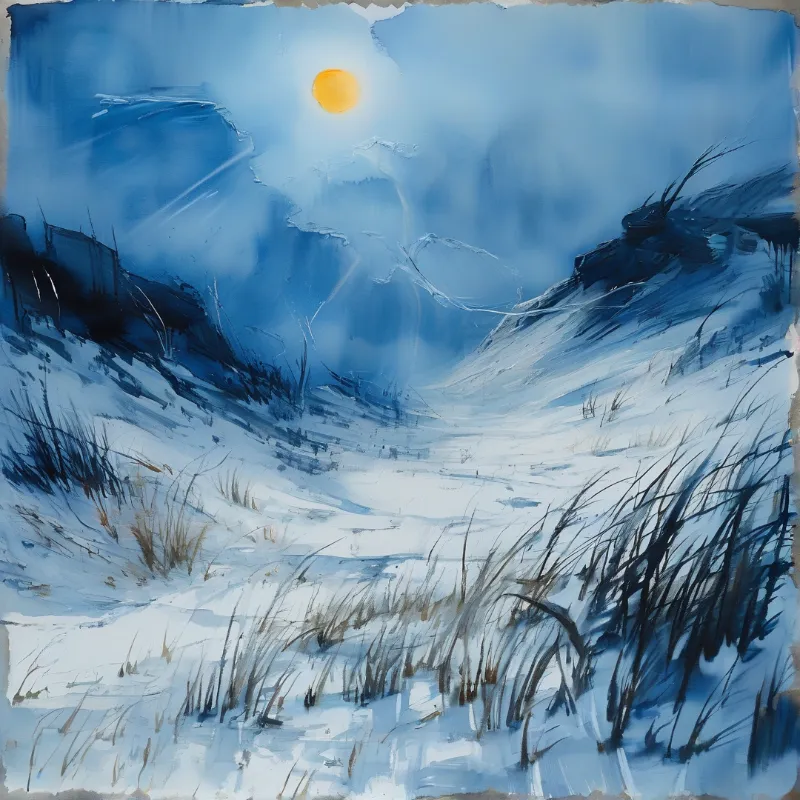 A textured painting of a winter landscape featuring dark grasses poking through white snow, with a bright sun shining over hills.