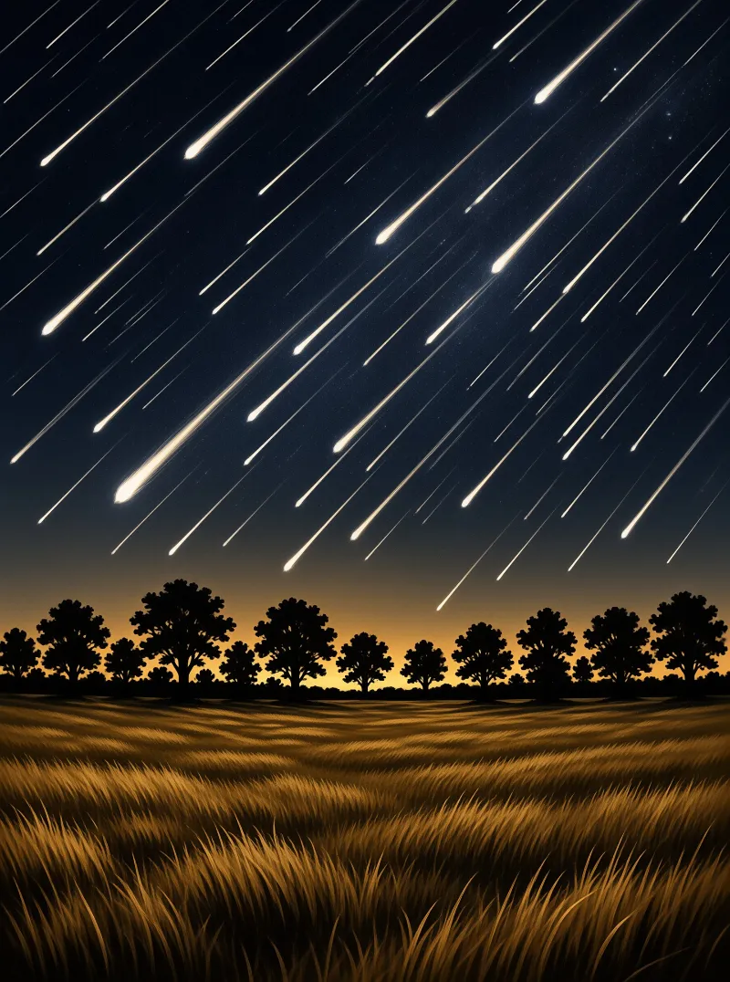 Diagonal streaks of meteors cross a dark sky above a golden grassy field lined with dark trees.