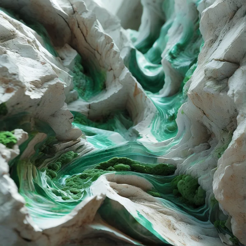 Surreal landscape with white eroded rocks framing a vibrant green liquid flowing through a deep canyon channel.