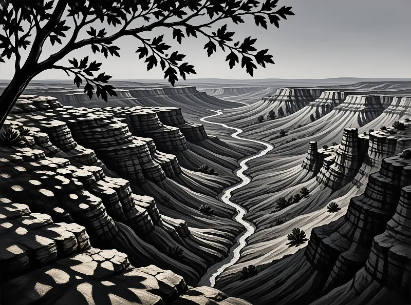A black and white illustration shows a river snaking through a deep canyon with a tree branch framing the view.