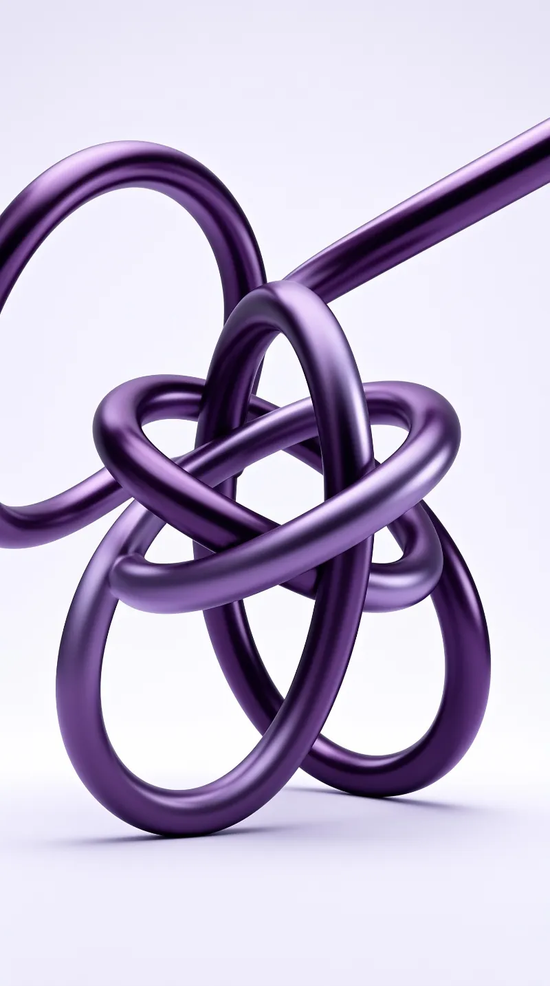 Shiny purple metal tubing twists into a complex knot against a bright white studio surface
