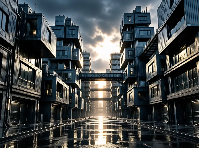 A wide view down a rain-slicked avenue flanked by stacked industrial housing units glowing under a cloudy sky.