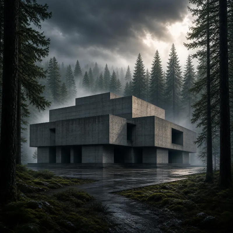 Modern Concrete Building in Forest