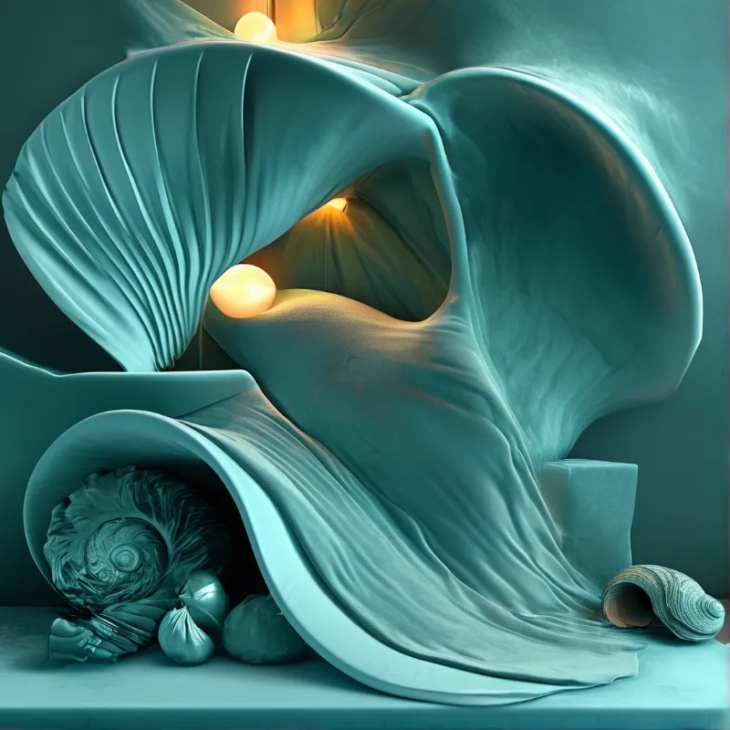 Flowing teal fabric forms curve around glowing yellow spheres with spiral shell shapes at the base