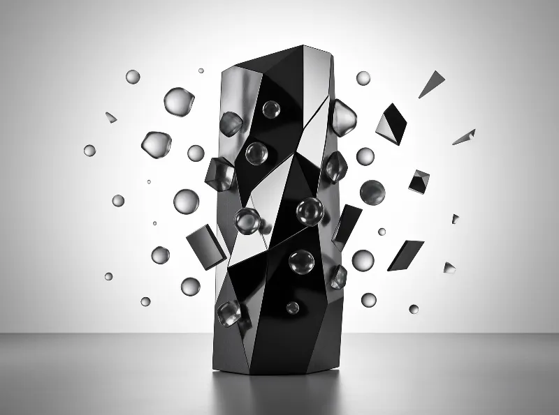 Black geometric sculpture exploding into floating glass spheres and sharp shards against a grey studio background.