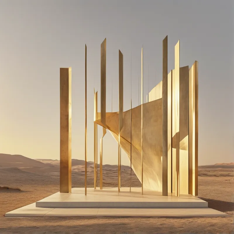 Golden abstract sculpture with vertical metallic panels on a white platform in a sandy desert under warm sunlight.