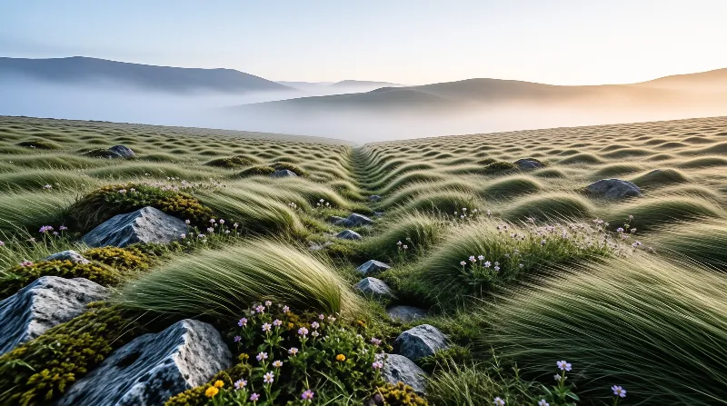 Rounded mounds of windblown grass ripple toward misty dunes scattered with tiny pink flowers.