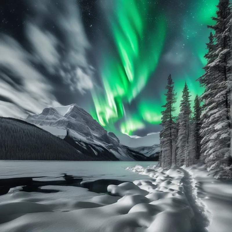 Bright green aurora borealis dances above a frozen lake and snow covered mountains under a starry sky.