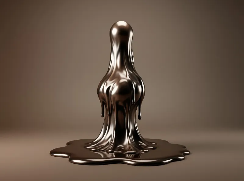 A dark glossy liquid-like abstract figure with a rounded head stands melting into a puddle on a warm brown studio backdrop.