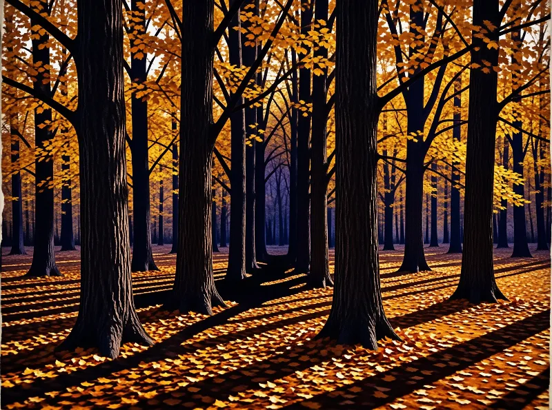 Tall dark tree trunks rise through a golden autumn woodland where sunlight creates long shadows on the leaf covered ground.