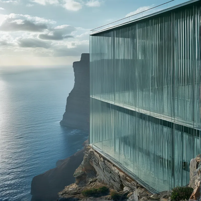 A teal glass house clings to a rugged cliff overlooking calm blue ocean and distant rocks.