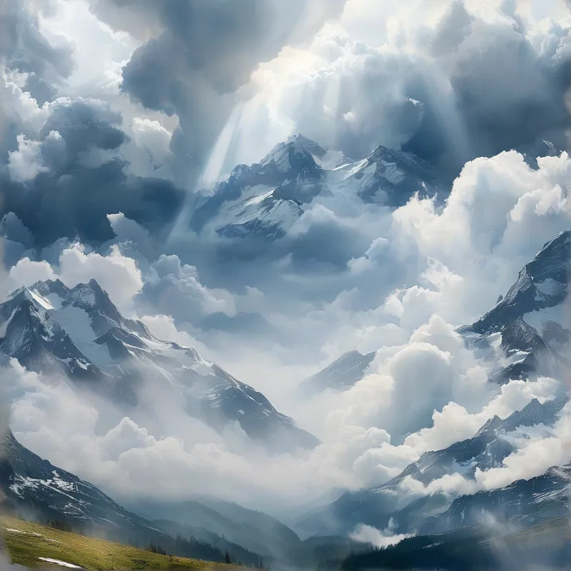 A snowy mountain summit surrounded by towering clouds with bright rays of sunlight breaking through the sky