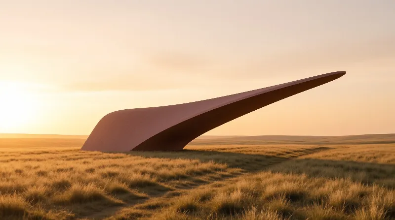 A massive reddish curved sculpture rises from a golden grassy plain beneath a soft orange sunset sky.